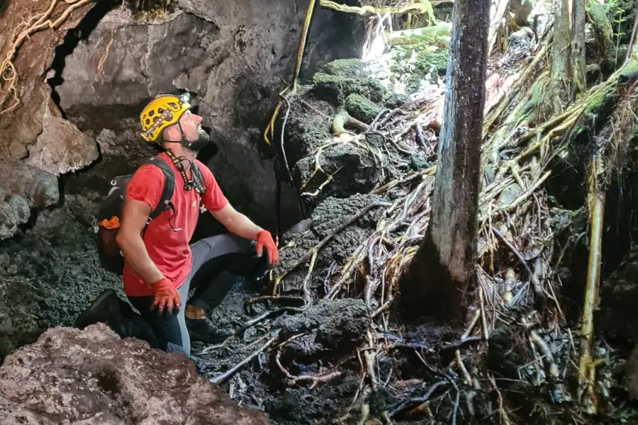 Puits de lumière dans un tunnel de lave à Saint-Philippe à La Réunion